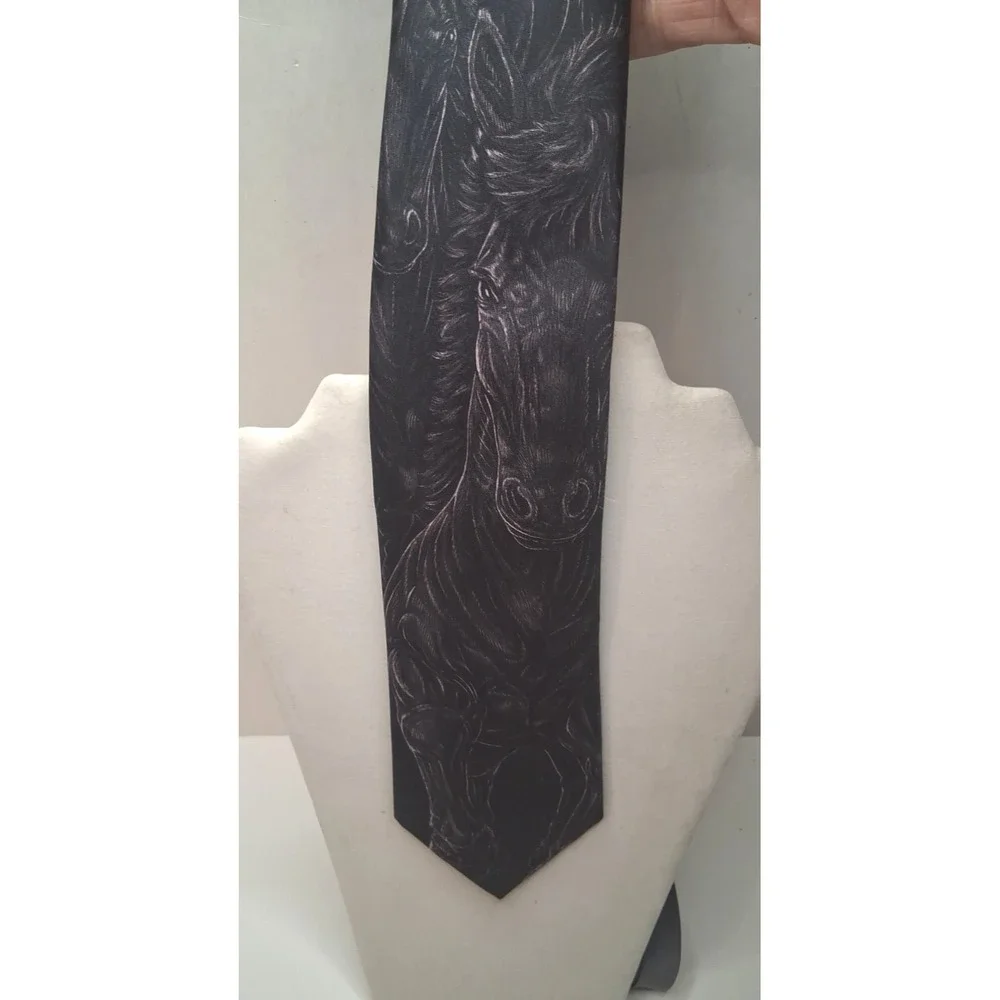 Ralph Marlin Necktie Black Wild Horses VTG Polyester 1988 Equestrian Derby Horse